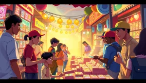 Active Pokemon tcg india collectors trading cards at a vibrant market.